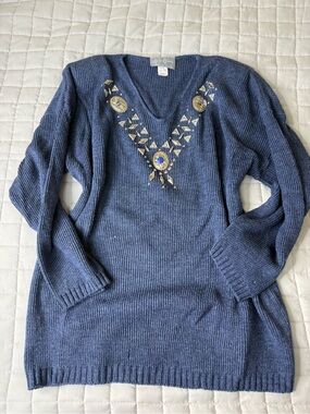 Vintage Oversized Embellished V-Neck Sweater